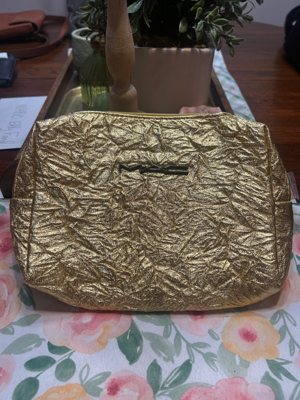 MAC Gold Metallic Cosmetic Bag Zipper Pouch Crinkle